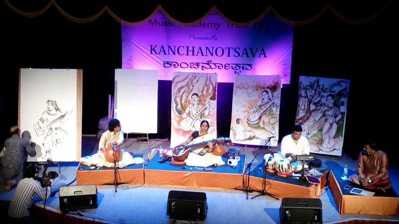 Kanchanothsava 2015, Veena - Jayanthi Kumaresh, Ghatam - Giridhar Udupa, Multiple Percussions - Pramath Kiran, Narrator - Mayur Raghavendra, Live Art - Neernalli Ganapathi
